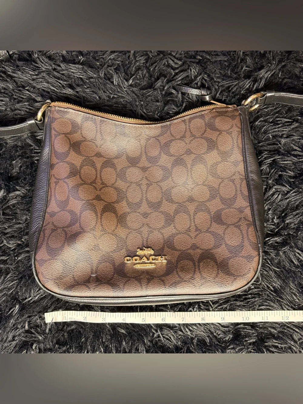 Coach Signature Brown Black Medium Zip Top Crossbody Bag Gold Hardware